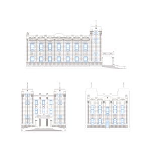 旧･宇都宮商工会議所、南（上）･東（左）･西（右）立面図（展示用模型制作のためのスタディ図面） [図面制作] 模型工房｢さいとう｣｜2016年 [制作監修] 大谷石研究会＋宇都宮美術館 (C)Utsunomiya Museum of Art